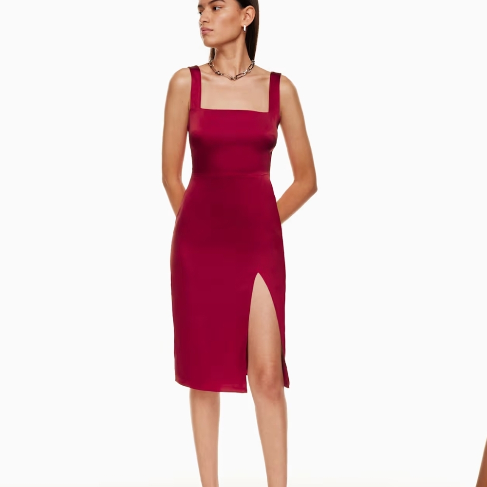 New Aritzia Babaton Fiery Red 90's Slit Satin Midi Dress Square Neck 12